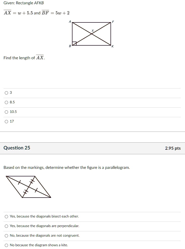 SOLVED Given Rectangle AFKB AX = w + 5.5 and BF = 5w + 2 Find the