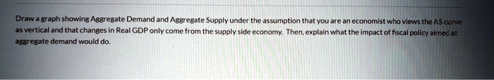 Draw a graph showing Aggregate Demand and Aggregate Supply under the assumption that you are an economist who views the AS curve as vertical and that changes in Real GDP only come from the supply side economy. Then, explain what the impact of fiscal policy aimed at aggregate demand would do.