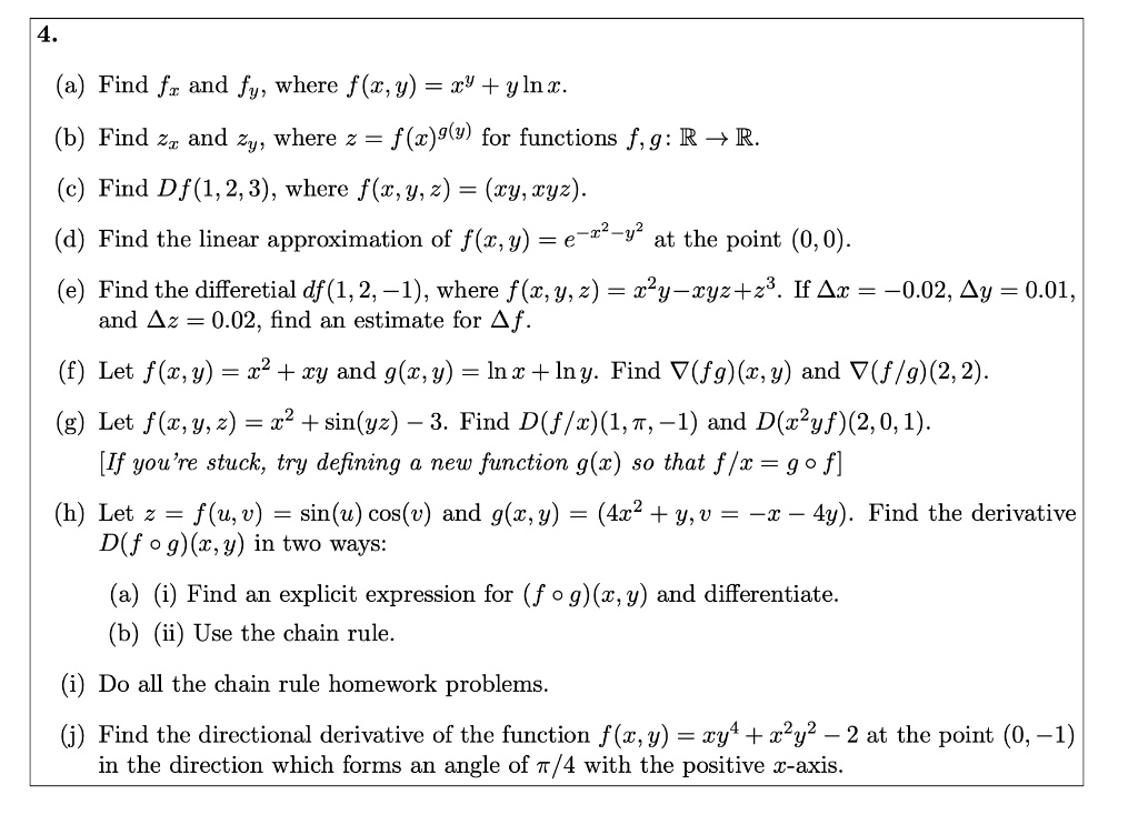 Solved Find Fr And Fy Where F T Y R Ylnx Find Zr And Zy Where F C Gly For Functions F G R R Find Df 1 2 3 Where F Y 2 Xy Ryz Find The Linear