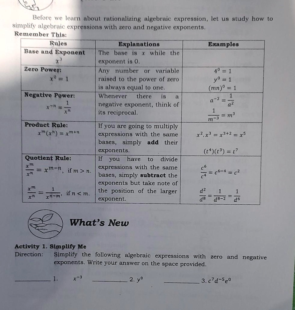 SOLVED: Before we learn about rationalizing algebraic expressions, let us  study how to simplify algebraic expressions with zero and negative  exponents. Remember this: Rules Explanations Examples Base and Exponent The  base is