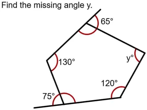 Find the missing angle y.
65°
75°
130°
y°
120°