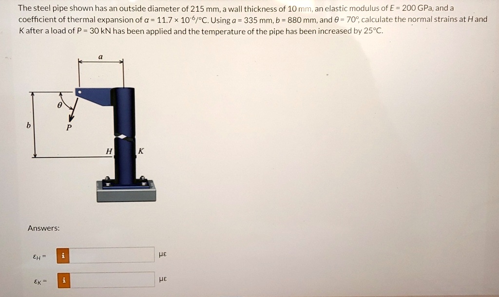 The steel pipe shown has an outside diameter of 215 mm, a wall ...
