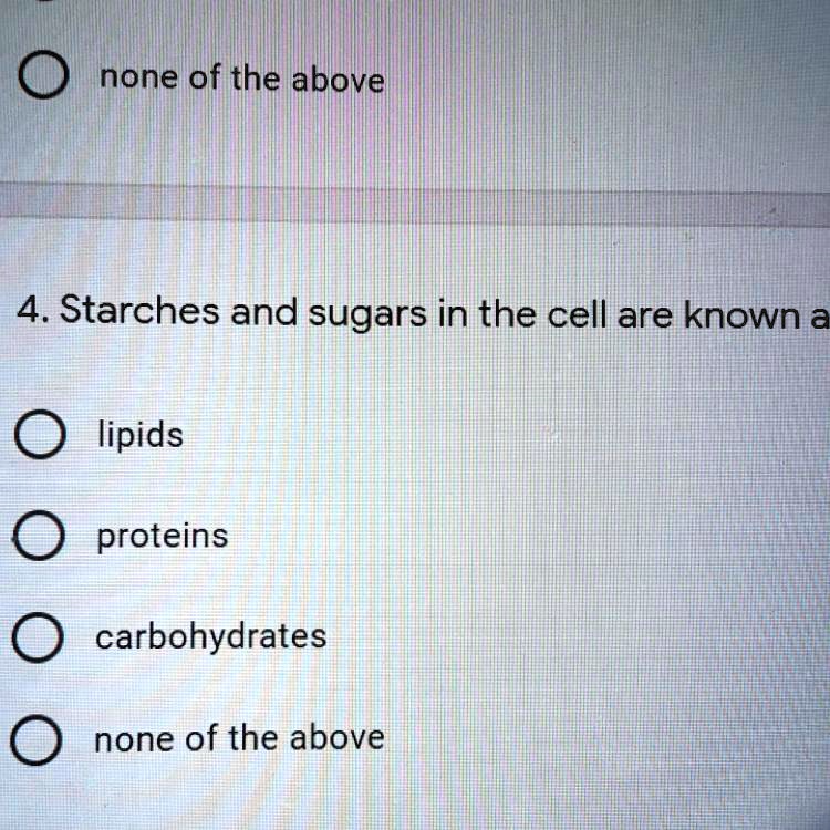 SOLVED 'What are starches and sugars in the cell known as? none of the