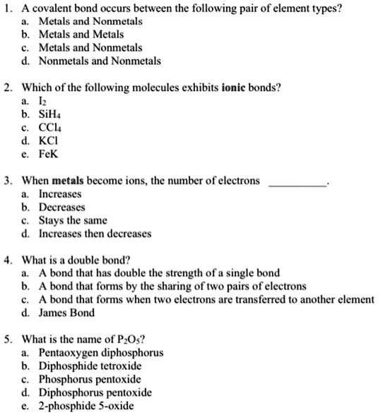 SOLVED A covalent bond occurs between the following pair of element