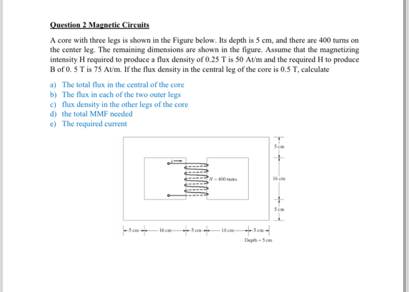 question 2 magnetic circuits a core with three legs is shown in the ...