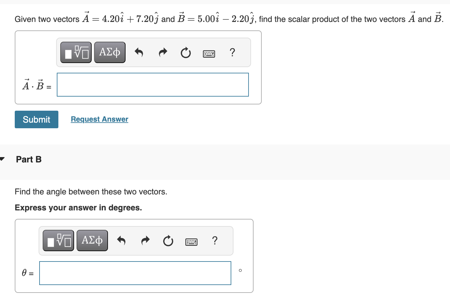 Given two vectors A⃗=4.20 î+7.20 ĵ and B⃗=5.00 î-2.20 ĵ, find the ...