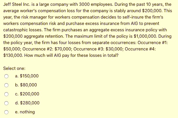 Jeff Steel Inc. is a large company with 3000 employees. During the past 10 years, the
average worker's compensation loss for the company is stably around 200,000. This
year, the risk manager for workers compensation decides to self-insure the firm's
workers compensation risk and purchase excess insurance from AIG to prevent
catastrophic losses. The firm purchases an aggregate excess insurance policy with200,000 aggregate retention. The maximum limit of the policy is 1,000,000. During
the policy year, the firm has four losses from separate occurrences: Occurrence #1:50,000; Occurrence #2: 70,000; Occurrence #3:30,000; Occurrence #4:
130,000. How much will AIG pay for these losses in total?
Select one:
a.150,000
b. 80,000
c.200,000
d. 280,000
e. nothing