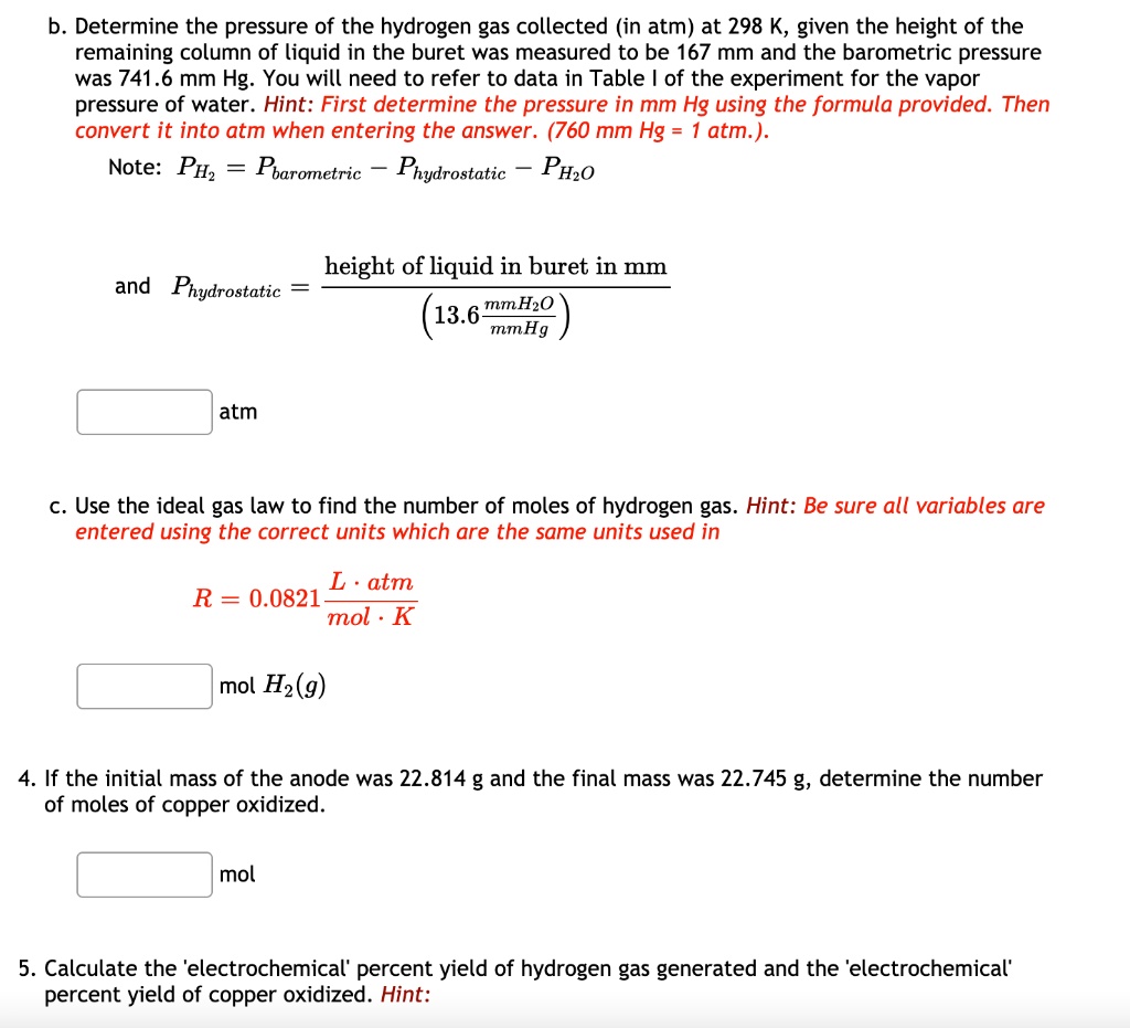 SOLVED b. Determine the pressure of the hydrogen gas collected (in atm