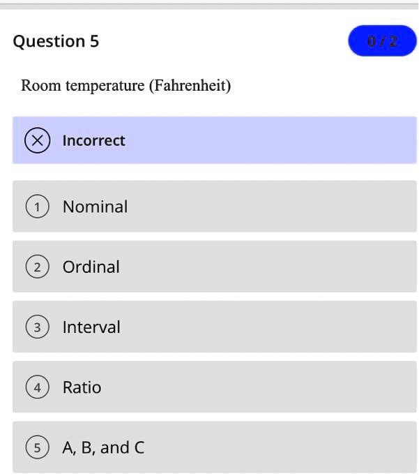 SOLVED Question 5 082 Room temperature (Fahrenheit) Incorrect Nominal Ordinal Interval Ratio A