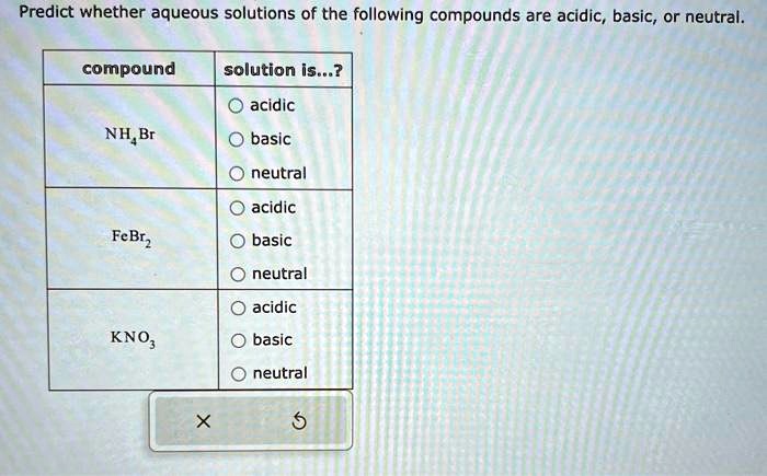 Solved Texts Predict Whether Aqueous Solutions Of The Following Compounds Are Acidic Basic 3875