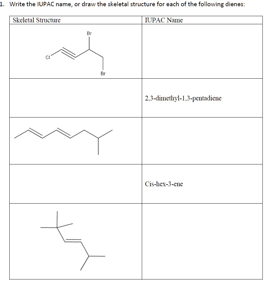 SOLVED: Write the IUPAC name, or draw the skeletal structure for each ...