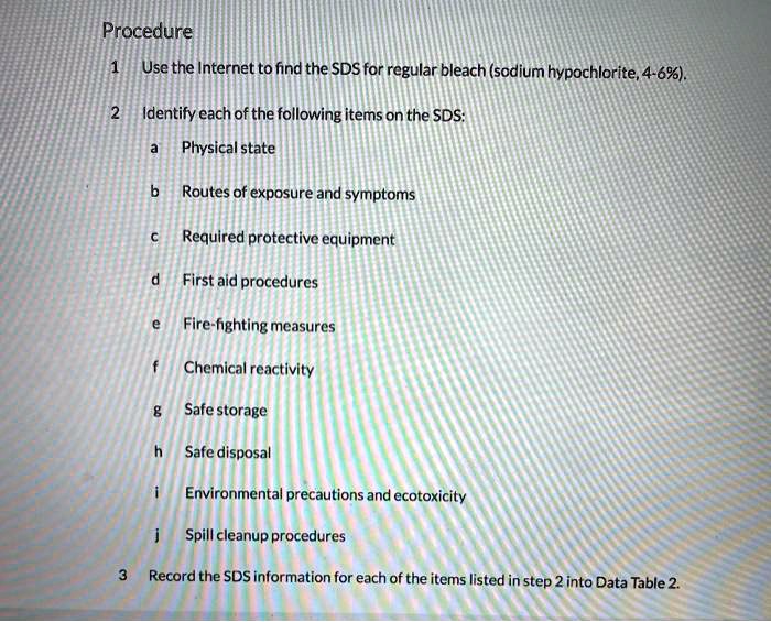 Procedure Use the to find the SDS for regular bleach (sodium