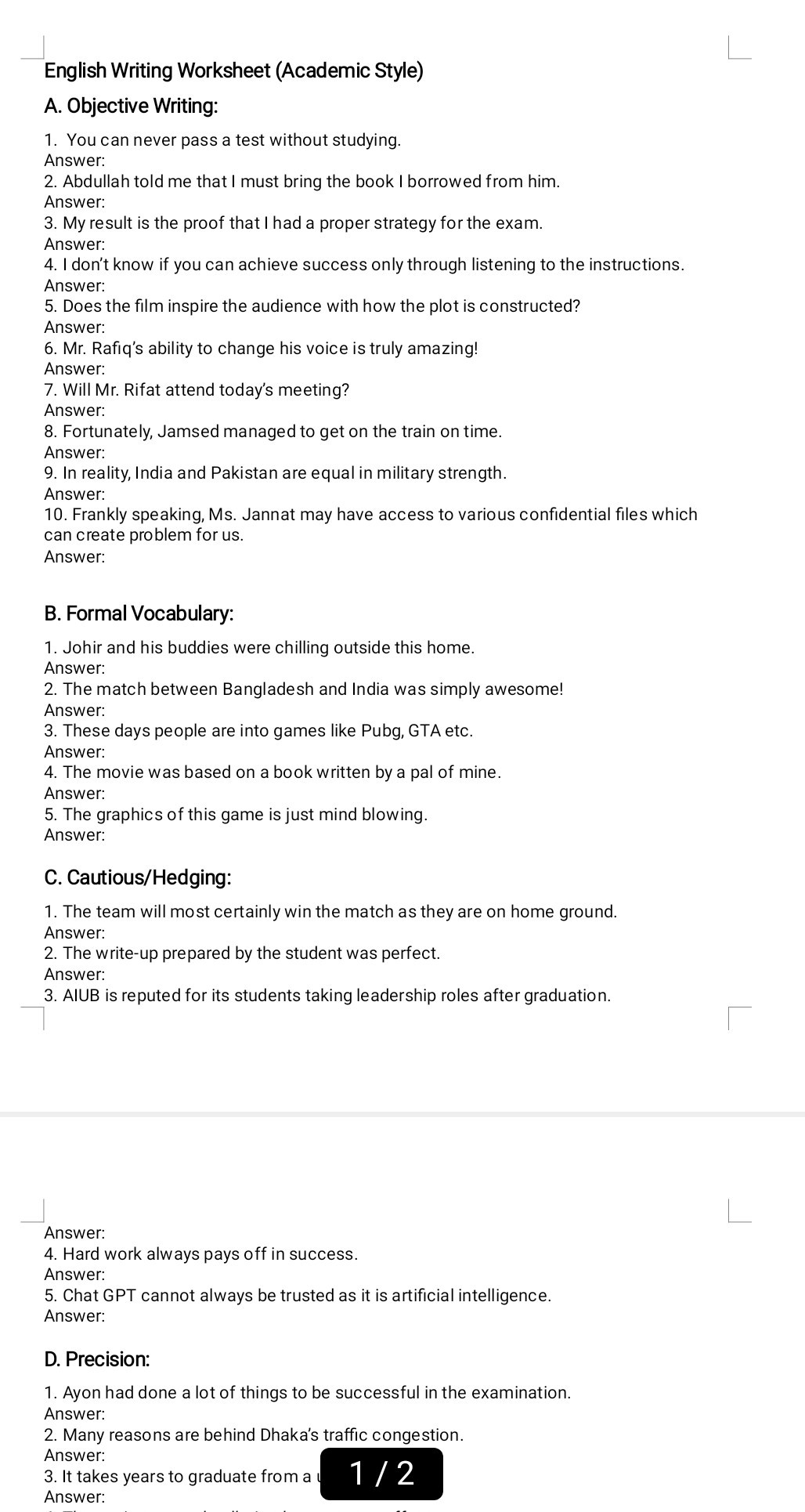 Solved English Writing Worksheet Academic Style A Objective Writing 1 You Can Never Pass A Solved English Writing Worksheet Academic Style A Objective Writing 1 You Can Never Pass A