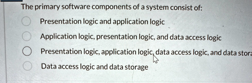 the primary software components of a system consist of presentation logic and application logic application logic presentation logic and data access logic presentation logic application logi 52328