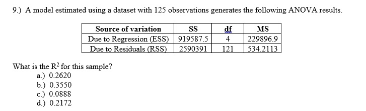 9.) A model estimated using a dataset with 125 observations generates the following ANOVA results.
Source of variation	SS	df	MS
Due to Regression (ESS)	919587.5	4	229896.9
Due to Residuals (RSS)	2590391	121	534.2113
What is the R^2 for this sample?
a.) 0.2620
b.) 0.3550
c.) 0.0888
d.) 0.2172