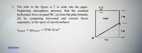 1. The tank in the figure is 2 m wide into the paper. Neglecting atmospheric pressure, find the resultant hydrostatic force on panel BC, (a) from flat plate formula; (b) by computing horizontal and vertical forces separately, in the spirit of curved surfaces.

?water = g?water = 9790 N/m³