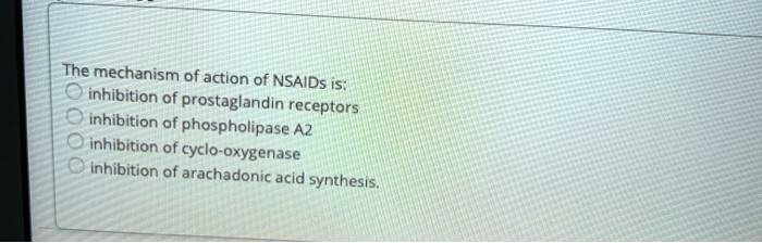The mechanism of action of NSAIDs is:
inhibition of prostaglandin receptors
inhibition of phospholipase A2
inhibition of cyclo-oxygenase
inhibition of arachadonic acid synthesis.