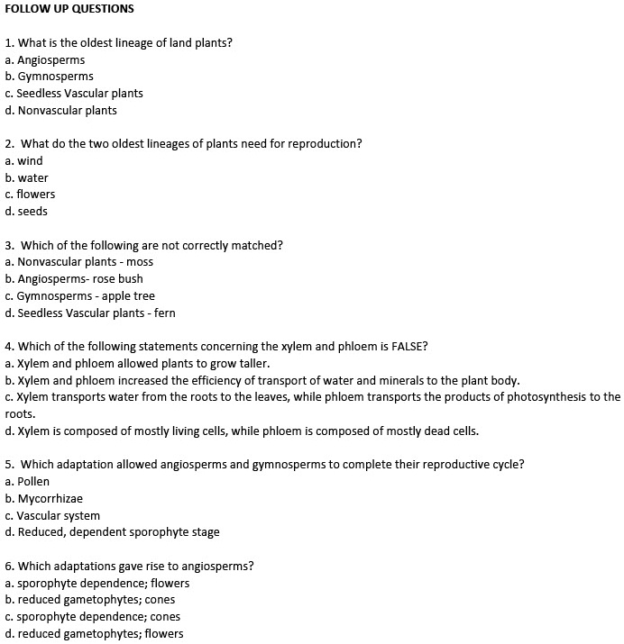 SOLVED FOLLOW UP QUESTIONS 1. What is the oldest lineage of land