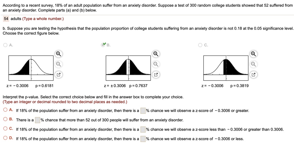 According to a recent survey, 18% of an adult population suffer from an anxiety disorder. Suppose a test of 300 random college students showed that 52 suffered from an anxiety disorder. Complete parts (a) and (b) below.
54 adults (Type a whole number.)
b. Suppose you are testing the hypothesis that the population proportion of college students suffering from an anxiety disorder is not 0.18 at the 0.05 significance level. Choose the correct figure below.
A. z = -0.3006 p = 0.6181
B. z = ± 0.3006 p = 0.7637
C. z = -0.3006 p = 0.3819
Interpret the p-value. Select the correct choice below and fill in the answer box to complete your choice.
(Type an integer or decimal rounded to two decimal places as needed.)
A. If 18% of the population suffer from an anxiety disorder, then there is a % chance we will observe a z-score of - 0.3006 or greater.
B. There is a % chance that more than 52 out of 300 people will suffer from an anxiety disorder.
C. If 18% of the population suffer from an anxiety disorder, then there is a % chance we will observe a z-score less than - 0.3006 or greater than 0.3006.
D. If 18% of the population suffer from an anxiety disorder, then there is a % chance we will observe a z-score of - 0.3006 or less.