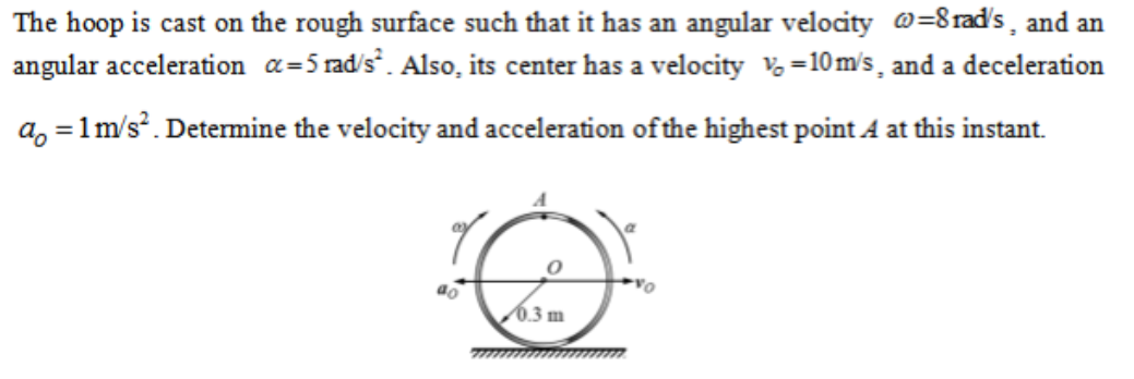The hoop is cast on the rough surface such that it has an angular velocity ?=8 rad/s, and an angular acceleration ?=5 rad/s². Also, its center has a velocity v?=10 m/s, and a deceleration a?=1 m/s². Determine the velocity and acceleration of the highest point A at this instant.