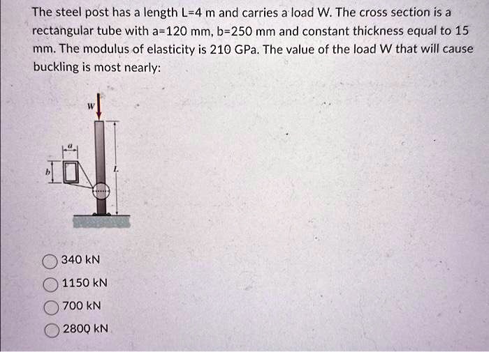 SOLVED The steel post has a length L = 4m and carries a load W. The cross section is a