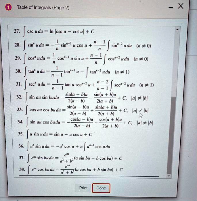 Solved Table Of Integrals Page X 27 Csc Udu In Icsc U Cot L C 28 Sin Udu Sin Ucos Sin Udu N 0 29