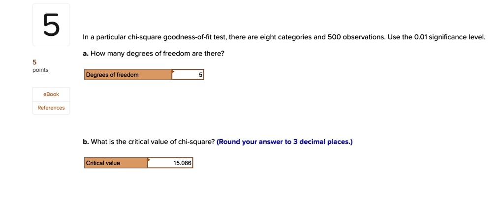 In a particular chi-square goodness-of-fit test, there are eight categories and 500 observations. Use the 0.01 significance level.
a. How many degrees of freedom are there?
Degrees of freedom 5
b. What is the critical value of chi-square? (Round your answer to 3 decimal places.)
Critical value 15.086