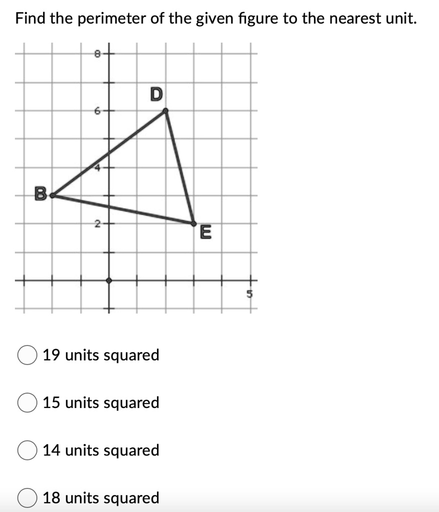 Find the perimeter of the given figure to the nearest unit.
19 units squared
15 units squared
14 units squared
18 units squared