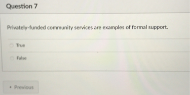 Privately-funded community services are examples of formal support.
True
False