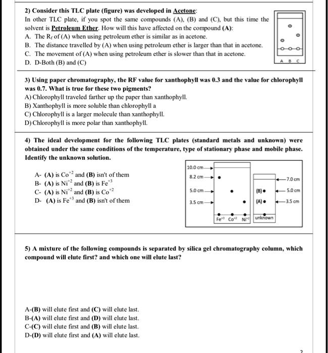 SOLVED 2) Consider this TLC plate (figure) was developed in Acetone
