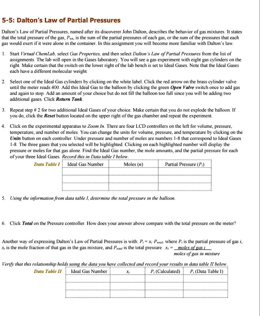 SOLVED 55 Dalton's Law of Partial Pressures Dalton` Law of Partial Pressures named after its