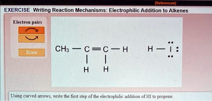 EXERCISE Writing Reaction Mechanisms: Electrophilic Addition to Alkenes
Electron pairs
CH3-C=C-H
||
HH
H-I
Using curved arrows, write the first step of the electrophilic addition of HI to propene.