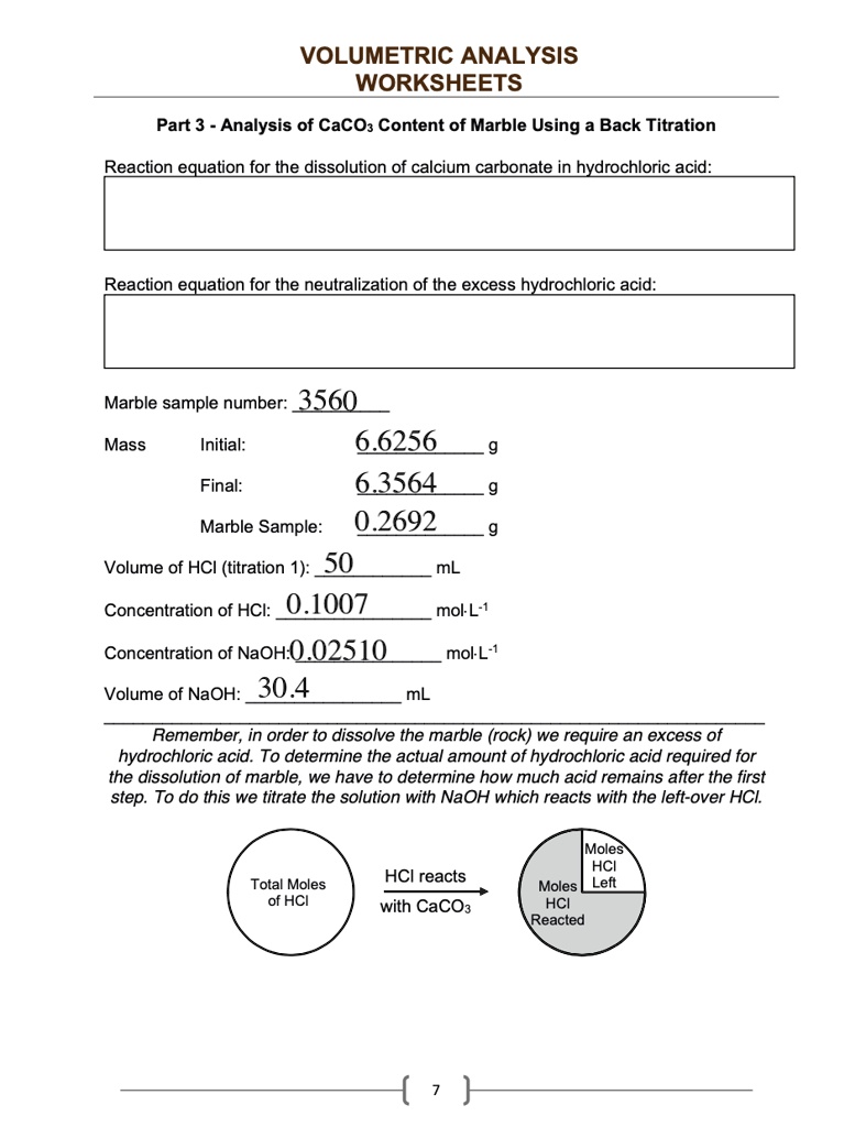 SOLVED VOLUMETRIC ANALYSIS WORKSHEETS Part 3 Analysis of CaCO3