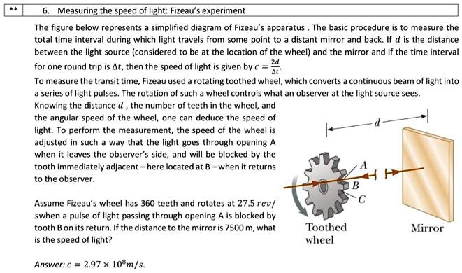 SOLVED: Measuring the speed of light: Fizeau's experiment The figure ...