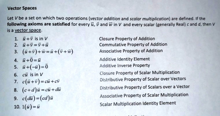 SOLVED: Vector Spaces Let V be a set on which two operations (vector ...