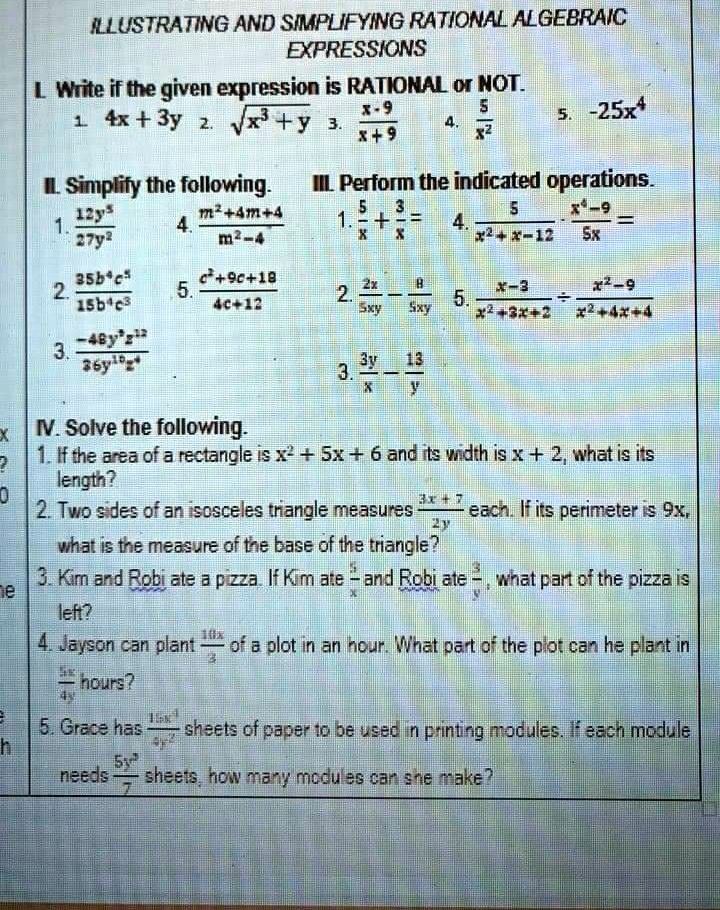 Solved Illustrating And Smmplifying Rational Algebraic Expressions Write If The Given Expression Is Rational 0 Not 4x 3y 25x4 Ty Simplify The Following 18 N 4m 4 Fy M Perform The Indicated Operations