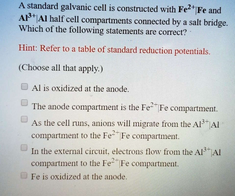 SOLVED A standard galvanic cell is constructed with Feztp FFe and