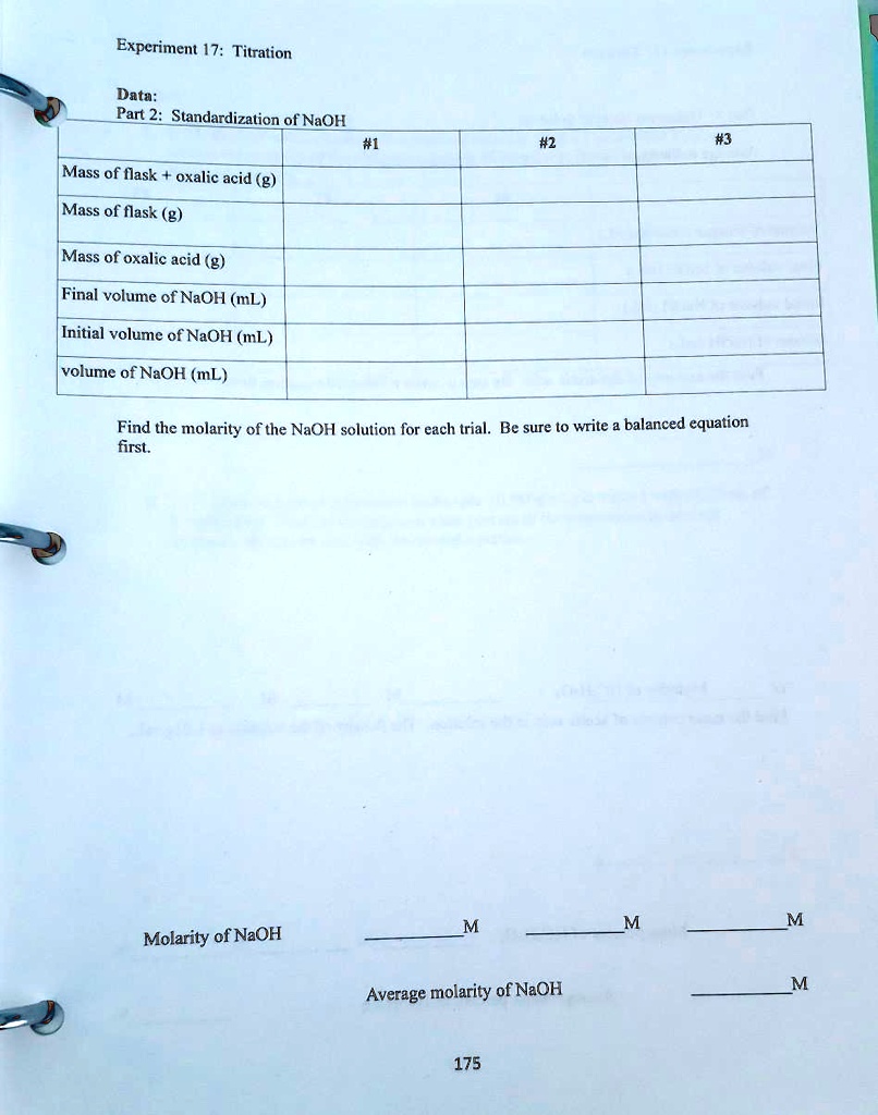 SOLVED Experiment 7 Titration Data Part 2 Standardization of NaOH