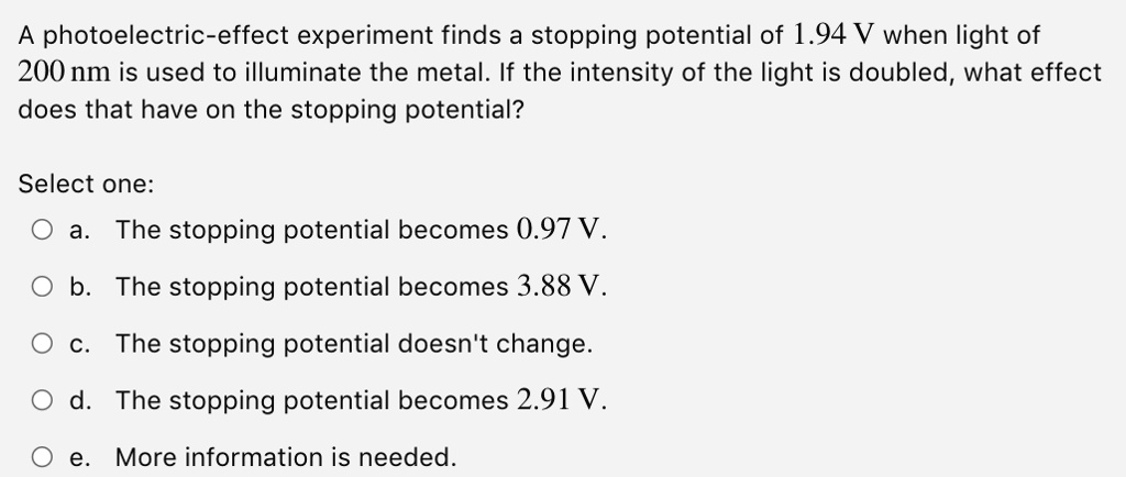 SOLVED: A photoelectric-effect experiment finds a stopping potential of