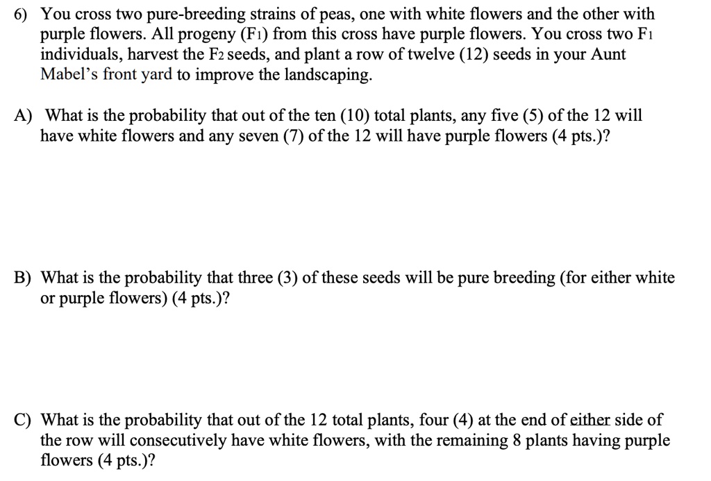 6) You cross two pure-breeding strains of peas, one with white flowers and the other with
purple flowers. All progeny (F1) from this cross have purple flowers. You cross two F1
individuals, harvest the F2 seeds, and plant a row of twelve (12) seeds in your Aunt
Mabel's front yard to improve the landscaping.
A) What is the probability that out of the ten (10) total plants, any five (5) of the 12 will
have white flowers and any seven (7) of the 12 will have purple flowers (4 pts.)?
B) What is the probability that three (3) of these seeds will be pure breeding (for either white
or purple flowers) (4 pts.)?
C) What is the probability that out of the 12 total plants, four (4) at the end of either side of
the row will consecutively have white flowers, with the remaining 8 plants having purple
flowers (4 pts.)?