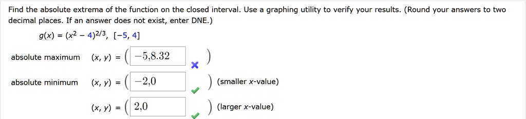 Find the absolute extrema of the function on the closed interval. Use a graphing utility to verify your results. (Round your answers to two decimal places. If an answer does not exist, enter DNE.)
g(x) = (x^2 - 4)^2/3, [-5, 4]
absolute maximum (x, y) = (-5, 8.32)
absolute minimum (x, y) = (-2, 0) (smaller x-value)
(x, y) = (2, 0) (larger x-value)