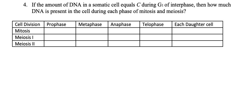 If the amount of dna in a somatic cell equals c during g1 of...