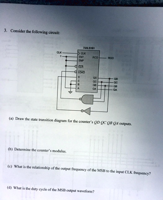 3. Consider the following circuit:

74ALS161
CLK
1
ENT ENP CLR LOAD
RCO
D C B A
QD QC QB QA

(a) Draw the state transition diagram for the counter's QD QC QB QA outputs.
(b) Determine the counter's modulus.
(c) What is the relationship of the output frequency of the MSB to the input CLK frequency?
(d) What is the duty cycle of the MSB output waveform?