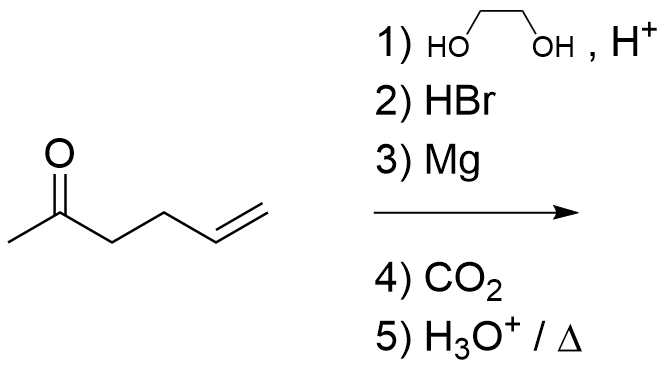 1) HOCH2CH2OH, H+
2) HBr
3) Mg
4) CO2
5) H3O+ / ?