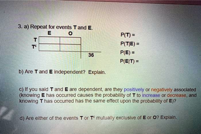 Solved 3 A Repeat For Events T And E P T P Tie P E P Eit 36 B Are T And E Independent Explain C If You Said T And E Are Dependent