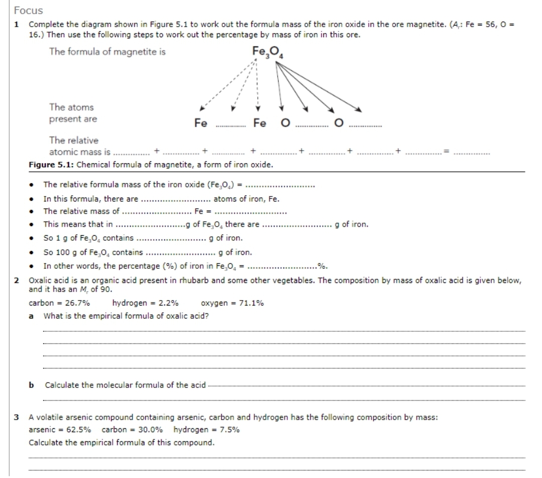 Focus
1 Complete the diagram shown in Figure 5.1 to work out the formula mass of the iron oxide in the ore magnetite. (Ar: Fe = 56, O = 16.) Then use the following steps to work out the percentage by mass of iron in this ore.
The formula of magnetite is Fe3O4
The atoms present are Fe ........ Fe O ........ O ........ 
The relative atomic mass is ........ + ........ + ........ + ........ + ........ + ........ + ........ = ........
Figure 5.1: Chemical formula of magnetite, a form of iron oxide.
- The relative formula mass of the iron oxide (Fe3O4) = ...................
- In this formula, there are ................... atoms of iron, Fe.
- The relative mass of ................... Fe = ...................
- This means that in ...................g of Fe3O4 there are ................... g of iron.
- So 1 g of Fe3O4 contains ................... g of iron.
- So 100 g of Fe3O4 contains ................... g of iron.
- In other words, the percentage (%) of iron in Fe3O4 = ...................%.
2 Oxalic acid is an organic acid present in rhubarb and some other vegetables. The composition by mass of oxalic acid is given below, and it has an Mr of 90.
carbon = 26.7% hydrogen = 2.2% oxygen = 71.1%
a What is the empirical formula of oxalic acid?
b Calculate the molecular formula of the acid ....................................................................................................................................
3 A volatile arsenic compound containing arsenic, carbon and hydrogen has the following composition by mass:
arsenic = 62.5% carbon = 30.0% hydrogen = 7.5%
Calculate the empirical formula of this compound.