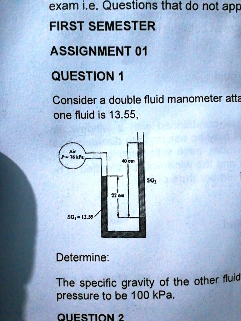 Consider a double fluid manometer attached to an air pipe, as shown in