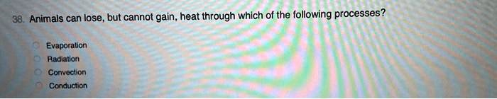38. Animals can lose, but cannot gain, heat through which of the following processes? Evaporation Radiation Convection Conduction