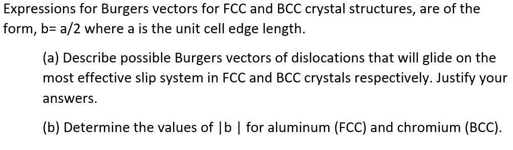 SOLVED: Expressions For Burgers Vectors For Fcc And Bcc Crystal ...