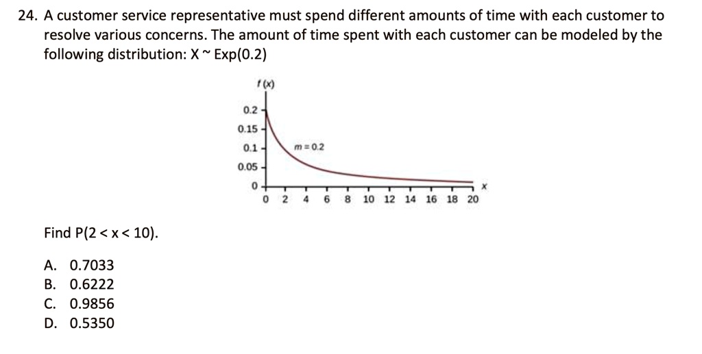 24. A customer service representative must spend different amounts of time with each customer to
resolve various concerns. The amount of time spent with each customer can be modeled by the
following distribution: X ∼ Exp(0.2)
Find P(2 < x < 10).
A. 0.7033
B. 0.6222
C. 0.9856
D. 0.5350
